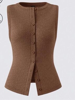 Sleeveless Button-Front Knit Top in Brown